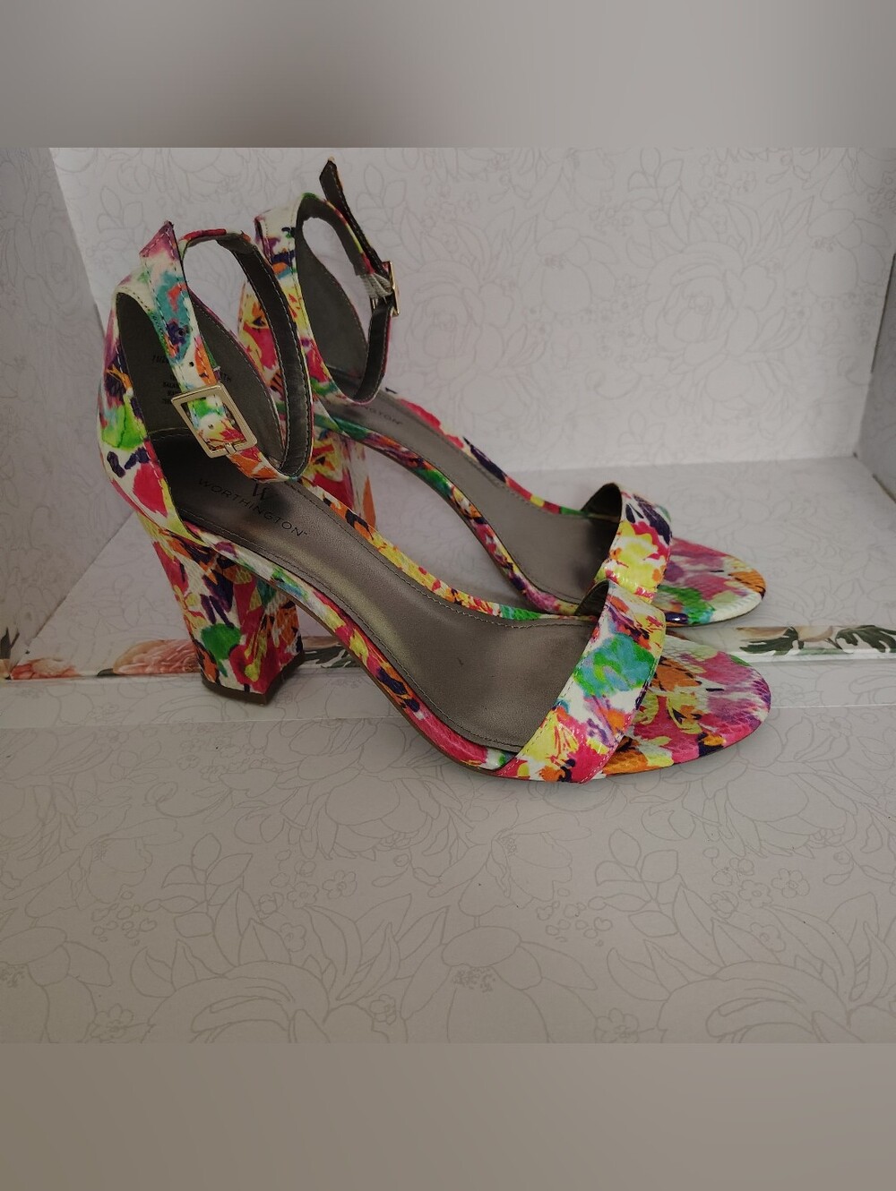 Worthington Multicolor Floral Block Heel Sandals - Ankle Strap